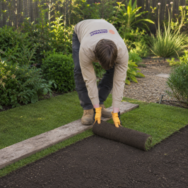 Worker rolling out a fresh turf roll onto prepared soil
