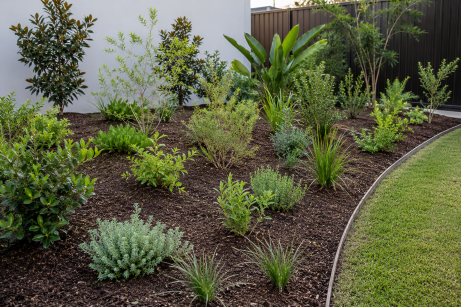 Informal garden bed with layered planting in odd-numbered clusters