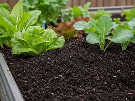 Leafy vegetables growing in a raised garden bed with rich soil