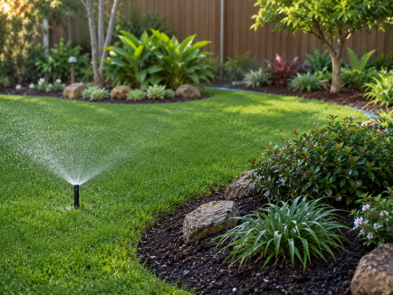 Garden bed hydrozoned around lawn with irrigation running