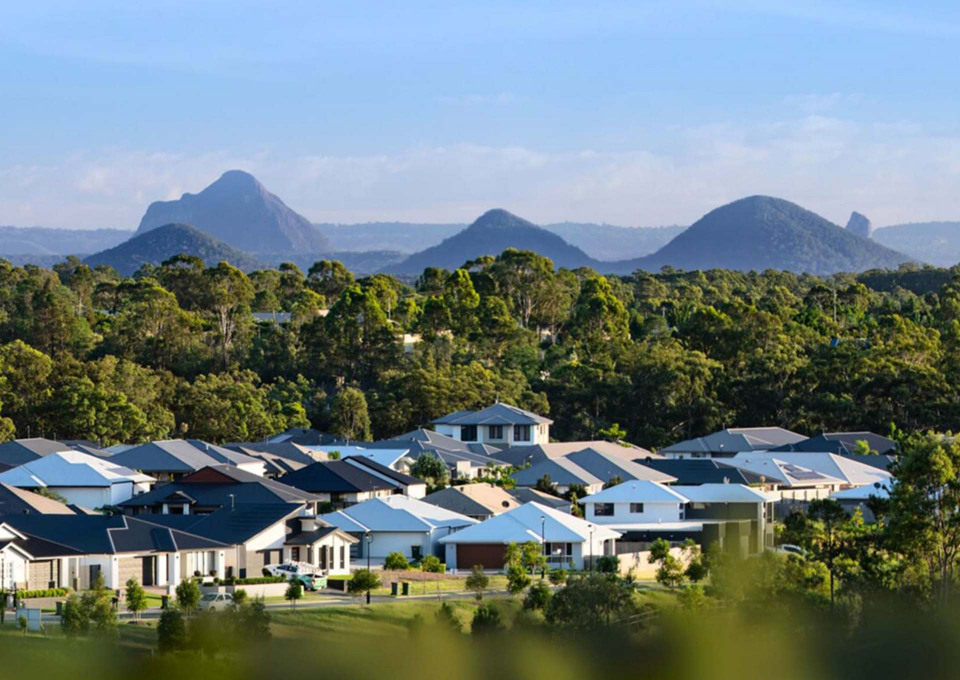 Burpengary homes with the Glass House Mountains in the distance