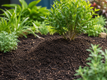 Rich dark soil mounded around a healthy shrub